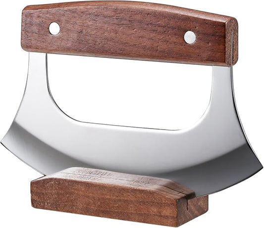 Coowolf Ulu Knife - Sharp Rocker Mezzaluna Knife with Stand for Cutter Pizza, Meat, Vegetables, Herb, Salad, Stainless Steel Blade, Walnut Wood Handle, Kitchen Essentials Accessories and Gadgets Tools