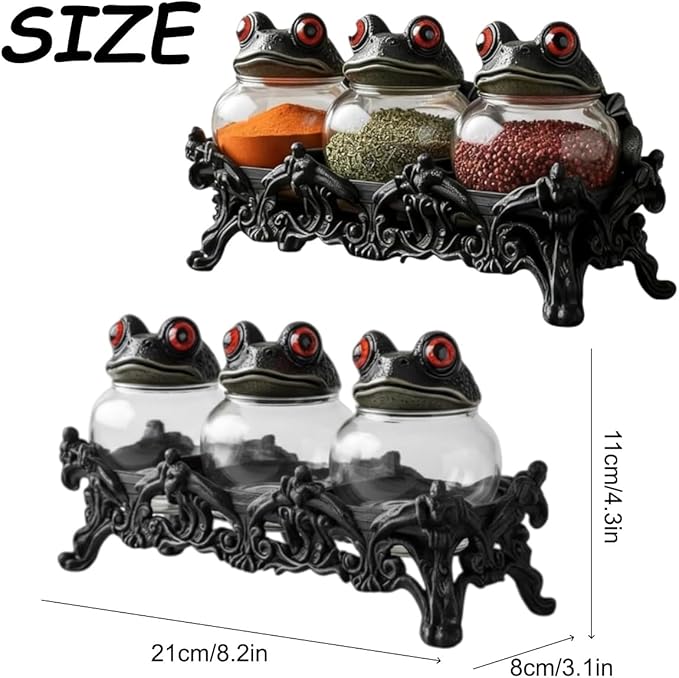 Witchy Frog Apothecary Spice Jars, Handcrafted Vintage Glass Storage Jars with Red-Eyed Frog Lids, Gothic Kitchen Herb Teas Food Storage Containers for Home Decor Fun Display (3-piece set) - Image 2