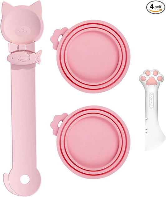 4pcs gray Pet Food Can Supplies Set，Silicone Cat Dog Food Can Lids Spoons with Multi-Function Cat Food Spoon and Opener Cute Paw Shape Opener Spatula Wet Food Spoon