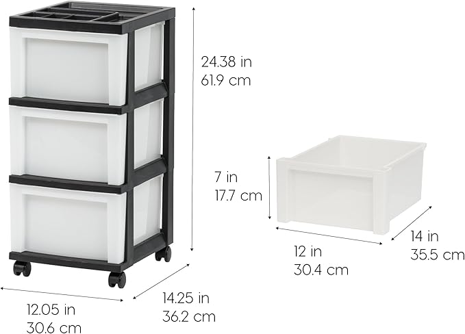 IRIS USA Plastic Drawer Storage Organizer Rolling Cart, with Wheels Casters, 3-Drawers, for Classroom Art Craft Supplies Dresser Closet Bathroom Laundry Room, Black/Pearl - Image 2
