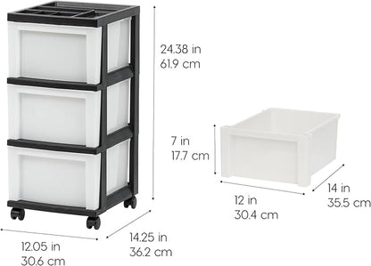IRIS USA Plastic Drawer Storage Organizer Rolling Cart, with Wheels Casters, 3-Drawers, for Classroom Art Craft Supplies Dresser Closet Bathroom Laundry Room, Black/Pearl - Image 2