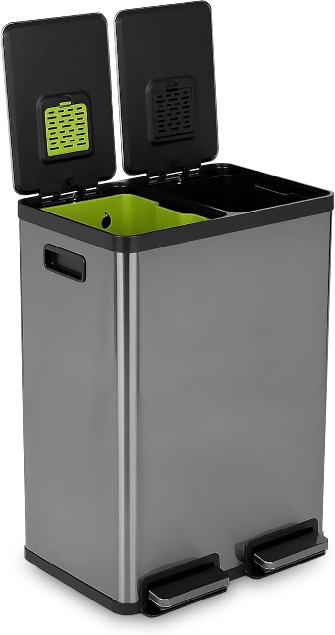 Simpli-Magic 16 Gallon (60L) Elegant Black Step Trash Can – Dual Compartment Kitchen Garbage Can with Waste & Recycling Bins – Slow-Close Lid, Odor Control, Hands-Free, Premium Stainless Steel by Simpli-Magic