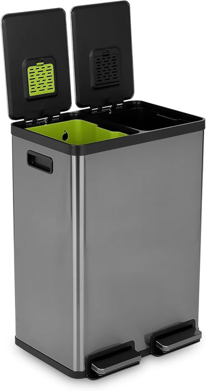 Simpli-Magic 16 Gallon (60L) Elegant Black Step Trash Can – Dual Compartment Kitchen Garbage Can with Waste & Recycling Bins – Slow-Close Lid, Odor Control, Hands-Free, Premium Stainless Steel by Simpli-Magic