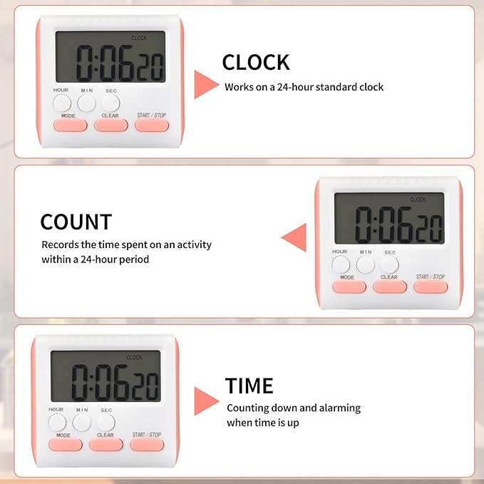 Mudder 3 Pack Digital Kitchen Timer for Cooking, Large Digits, 24 Hour Magnetic Backing Stand Kitchen Timers Clock for Classroom Kids Teachers, Loud Alarm and Large Screen (Pink) - Image 3