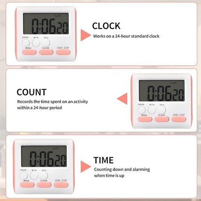 Mudder 3 Pack Digital Kitchen Timer for Cooking, Large Digits, 24 Hour Magnetic Backing Stand Kitchen Timers Clock for Classroom Kids Teachers, Loud Alarm and Large Screen (Pink) - Image 3