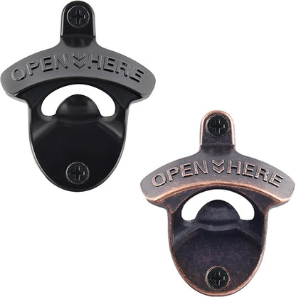 Old Fashion Bottle Opener Wall Mounted Stainless OPEN HERE Black Screw in Wall Beer Soda Bottle Cap Opener Rustic Copper for Table Cooler Post (2 PCS)