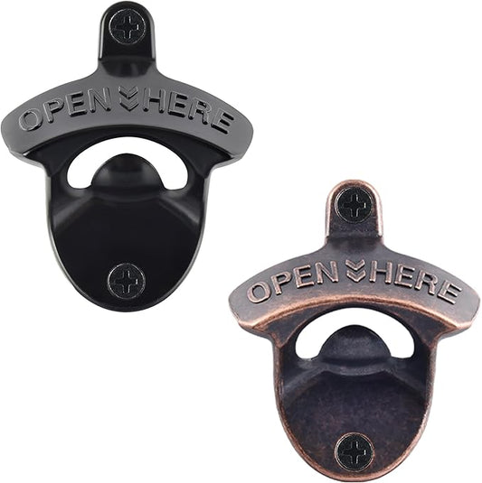 Old Fashion Bottle Opener Wall Mounted Stainless OPEN HERE Black Screw in Wall Beer Soda Bottle Cap Opener Rustic Copper for Table Cooler Post (2 PCS)