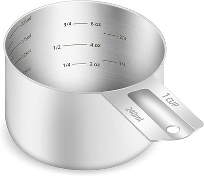 1PCS 1Cup (240ml, 8oz) Single Measuring Cup, Etched Inner Scale Stainless Steel Measure Scoop, Metric and US Measurement, Dishwasher Safe by BERYLER