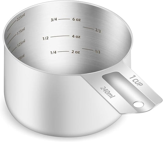 1PCS 1Cup (240ml, 8oz) Single Measuring Cup, Etched Inner Scale Stainless Steel Measure Scoop, Metric and US Measurement, Dishwasher Safe by BERYLER