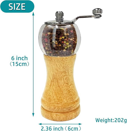 Salt and Pepper Grinder Set Hand Crank Salt and Pepper Mill Classical Wooden Salt Grinder Manual Acrylic Pepper Shaker with Adjustable Coarseness for Home Kitchen (Burlywood 1pcs-6in)