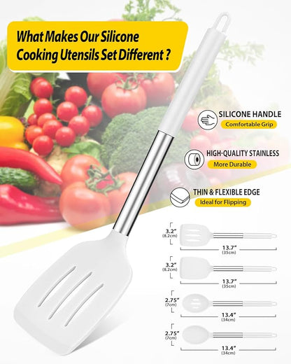 Pack of 4 Silicone Cooking Utensils Set, Non Stick Large Solid Spatulas, Heat Resistant Slotted Spoons, Ideal BPA Free Kitchen Turners for Frying, Mixing,Serving,Draining,Turning,Stirring (WHITE) - Image 2