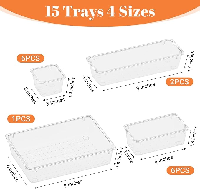 SpaceHacks 15 PCS Clear Plastic Drawer Organizer Set, 4-Size Acrylic Drawer Storage Trays, Storage Bins for Makeup, Gadgets, and Jewelry in Bathroom, Bedroom and Office, Clear - Image 3