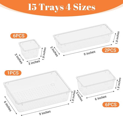 SpaceHacks 15 PCS Clear Plastic Drawer Organizer Set, 4-Size Acrylic Drawer Storage Trays, Storage Bins for Makeup, Gadgets, and Jewelry in Bathroom, Bedroom and Office, Clear - Image 3