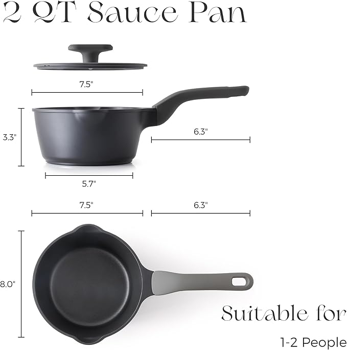 PRICUSIS Nonstick Saucepan with Lid, 2 Quart Non Toxic Pot with Pour Spouts, Full Coated, 100% Dishwasher Safe, Induction Compatible & Oven Safe, PFOS & PFOA Free, Black Sesame - Image 8