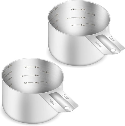 2PCS 1Cup (240ml, 8oz) Single Measuring Cup, Etched Inner Scale Stainless Steel Measure Scoop, Metric and US Measurement, Dishwasher Safe by BERYLER
