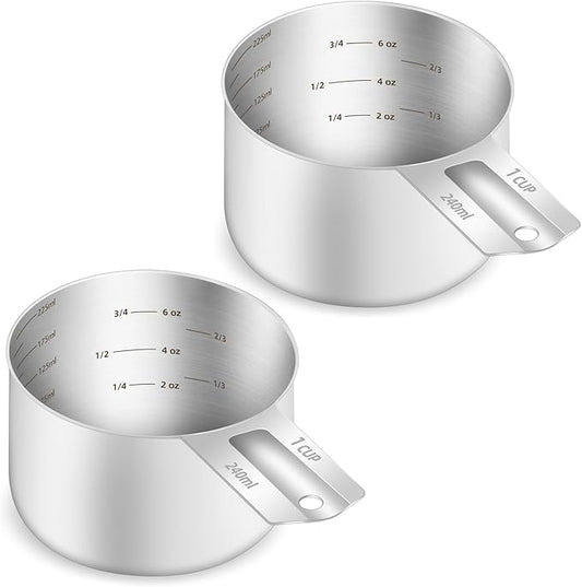 2PCS 1Cup (240ml, 8oz) Single Measuring Cup, Etched Inner Scale Stainless Steel Measure Scoop, Metric and US Measurement, Dishwasher Safe by BERYLER
