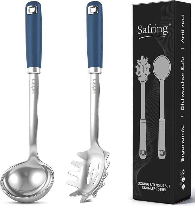 Safring Stainless Steel Soup Ladle and Spaghetti Spoon Set, Heat Resistant Rubber Handle, Dishwasher Safe, Kitchen Utensils for Cooking, Stirring, Serving Pasta, Soup & Sauce (Blue) by Safring