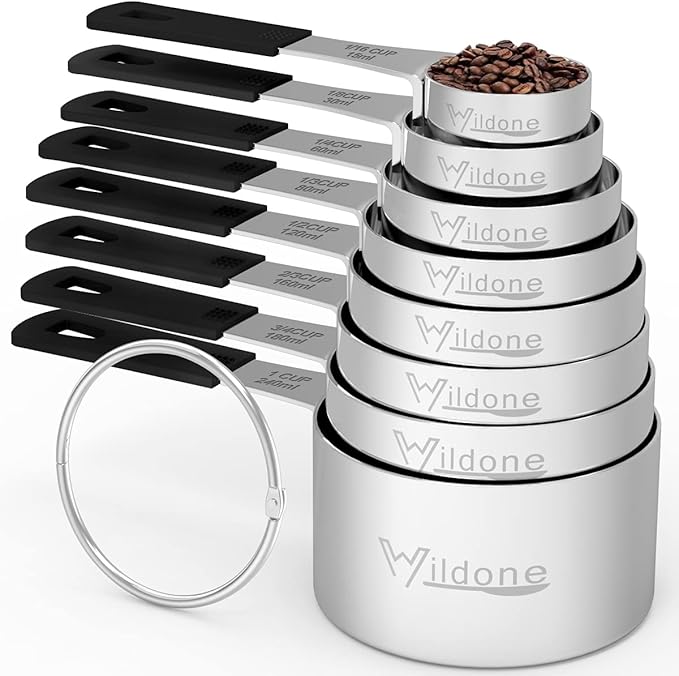 Measuring Cups & Spoons Set of 18 - Wildone Stainless Steel Nesting Measuring Cups 8 Piece and 9 Measuring Spoons, 1 Leveler, Ideal for Dry and Liquid Ingredients (Black) - Image 2