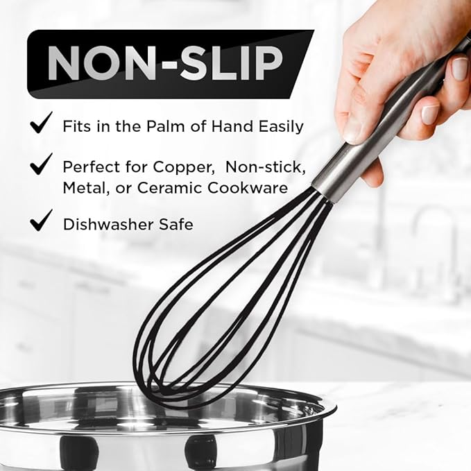 Silicone Whisk Set of 3 - Stainless Steel & Silicone Non-Stick Coating – wisking tool, Whisking, mini whisk, whisks for cooking (12-inch, 10-inch & 8.5-inch), egg whisk - Image 5