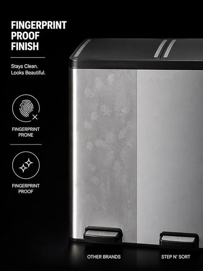 Step N' Sort The 18.5 Gallon Extra Large Capacity, Soft-Step, Dual Trash and Recycling Bin with Removable Inner Bins, Silver