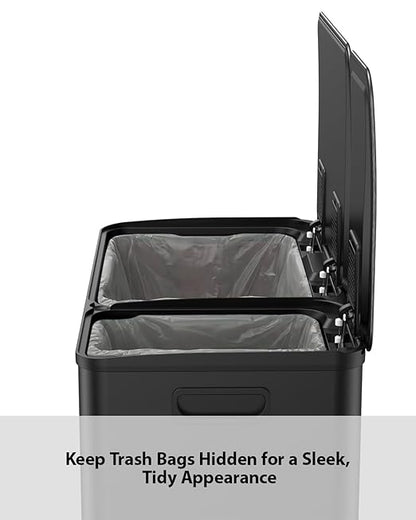 Lovewind Double Trash Can Kitchen, 13+5.5 Gallon Stainless Steel Dual Trash and Recycle Bin Combo with Silent Close Lid, Heavy-Duty Foot Pedal, Easy to Clean Garbage Can for Large Families, Black