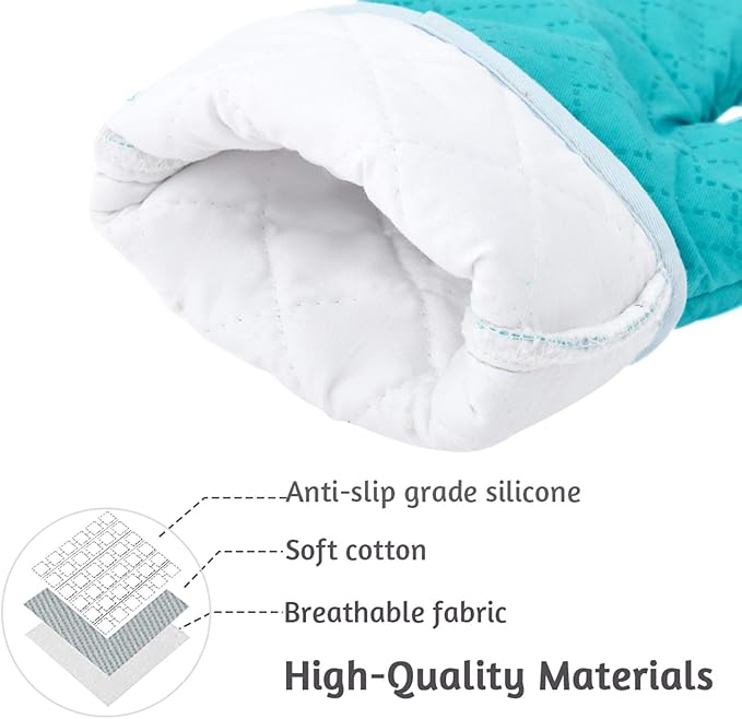 4Pcs Oven Mitts and Pot Holders Set, 572F Heat Resistant Oven Glove, Soft Cotton Lining with Non-Slip Surface for Kitchen Baking BBQ (Turquoise) - Image 2