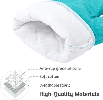 4Pcs Oven Mitts and Pot Holders Set, 572F Heat Resistant Oven Glove, Soft Cotton Lining with Non-Slip Surface for Kitchen Baking BBQ (Turquoise) - Image 2