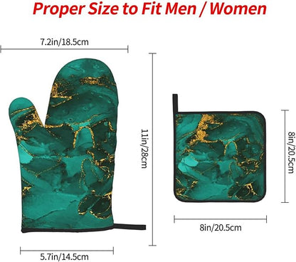 Turquoise Marble Oven Mitts and Pot Holders Sets of 3 Emerald Dark Green Hot Pads Heat Resistant Non Slip Washable for Cooking Grilling Baking BBQ Kitchen Decor - Image 4