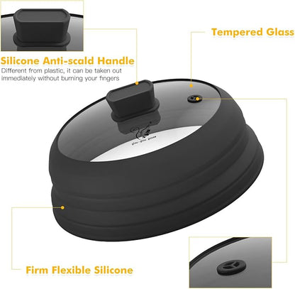 Microwave Splatter Cover Glass Guard Lid with Collapsible Silicone for Food Pot Plate 9.8 inch Black - Image 4