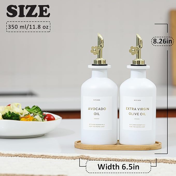 HOMCDALY Olive Oil Dispenser for Kitchen, 11.8oz Glass kitchen Dispenser Bottle, Gold Oil&Vinegar Cruet Set, Leakproof Oil Containers for Cooking| Set of 2 (11.8oz – Gold) - Image 2