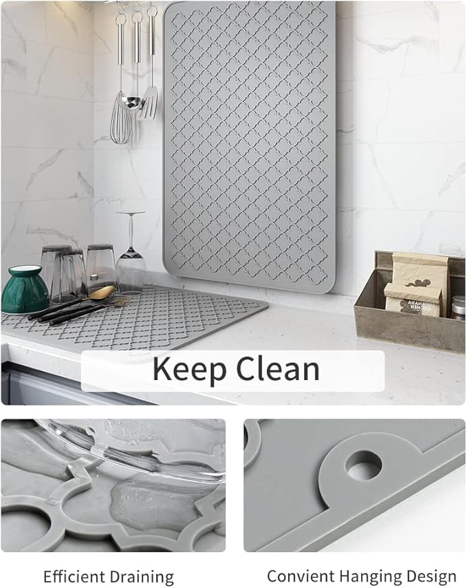 AMOAMI-Dish Drying Mats for Kitchen Counter-Silicone Dish Drying Mat-Kitchen Dish Drying Pad Heat Resistant Mat-Kitchen Gadgets Kitchen Accessories Kitchen Small Appliances(16" x 24", GREY) - Image 2