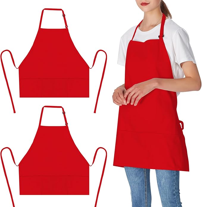 Jubatus 2 Pack 3 Pockets 100% Cotton Adjustable Bib Apron Chef Kitchen Cooking Aprons for Women Men, Red by Jubatus