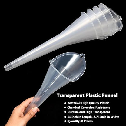 2 Pcs Long Neck Oil Funnel for Automotive, Wide Mouth Plastic Funnel, Long Transparent Funnel for Oil, Gas and Lubricants (2)