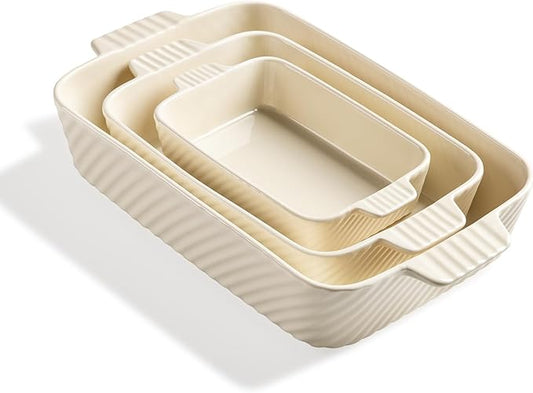 Sweejar Ceramic Baking Dish Set, Cake Baking Dish for Brownie, Porcelain Striped Casserole Dishes for Oven with Handle for Lasagna, Family Dinner(Beige) by Sweejarco1949