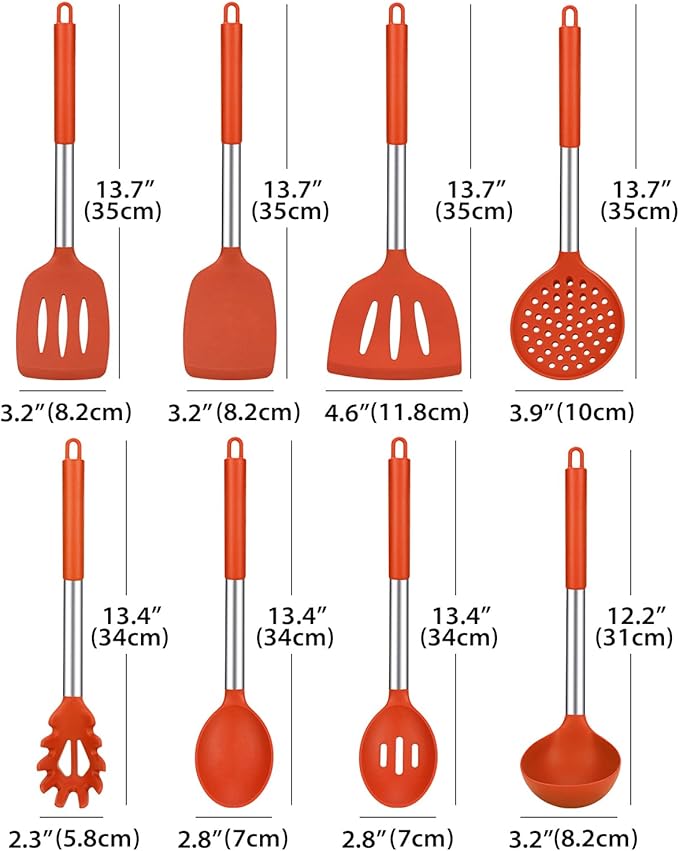 Silicone Cooking Utensil Set, 8Pcs Non-stick Cookware with Stainless Steel Handle, BPA Free Heat Resistant Kitchen Tools with Spatulas, Turners, Spoons, Skimmer and Pasta Fork (RED) - Image 2
