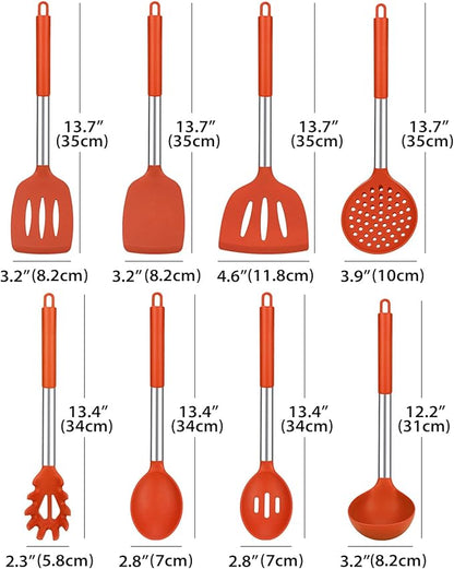 Silicone Cooking Utensil Set, 8Pcs Non-stick Cookware with Stainless Steel Handle, BPA Free Heat Resistant Kitchen Tools with Spatulas, Turners, Spoons, Skimmer and Pasta Fork (RED) - Image 2