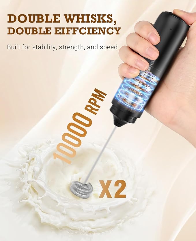 SIMPLETASTE Milk Frother Handheld Electric Foam Maker, Drink Mixer with Stainless Steel Whisk for Cappuccino, Bulletproof Coffee, Latte, Black, without Stand, USB-C Rechargeable - Image 2