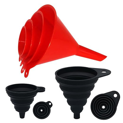 Kitchen Funnel Set 6 Pcs, 2 Collapsible Silicone Funnels for Filling Bottles, Canning，4 Plastic Kitchen Gadgets for Automotive Car Oil Change，Different Sizes Funnels for Kitchen RV Lab by KongNai