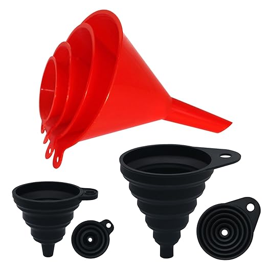 Kitchen Funnel Set 6 Pcs, 2 Collapsible Silicone Funnels for Filling Bottles, Canning，4 Plastic Kitchen Gadgets for Automotive Car Oil Change，Different Sizes Funnels for Kitchen RV Lab by KongNai