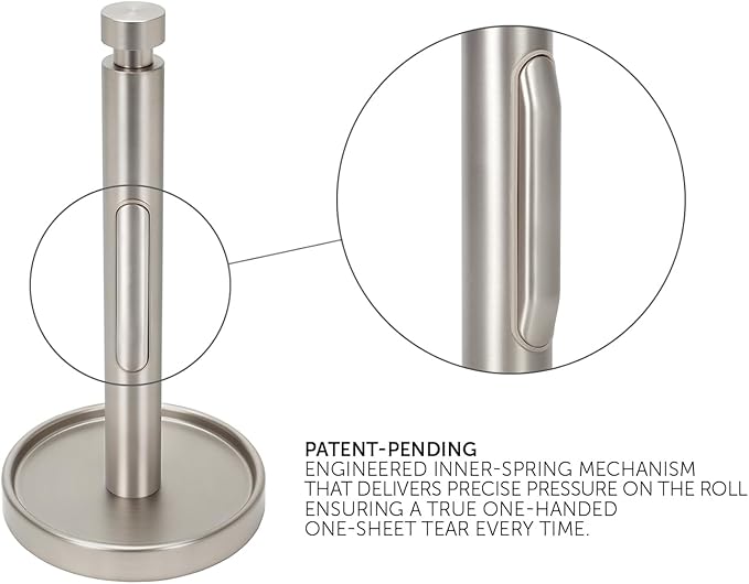 Ivilon Countertop Paper Towel Holder - Weighted Heavy Duty Steel Stand with Non-Slip Base for a Steady One-Handed One Sheet Tear - Fits All Rolls - Brushed Nickel - Image 2