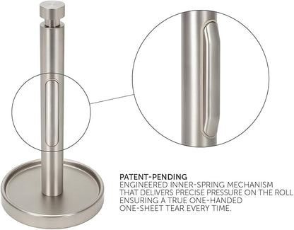 Ivilon Countertop Paper Towel Holder - Weighted Heavy Duty Steel Stand with Non-Slip Base for a Steady One-Handed One Sheet Tear - Fits All Rolls - Brushed Nickel - Image 2