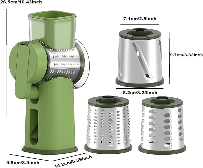 Rotary Cheese Grater Hand Crank with Foldable Handle, 3 Stainless Steel Blades, Perfect Graters for Kitchen, Manual Cheese Shredder Hand Crank with Suction Base, Rotary Grader, Green (Green)