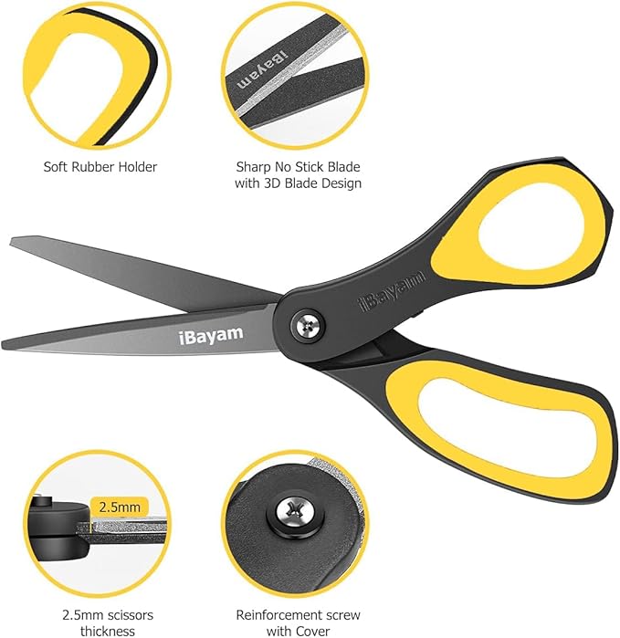Scissors, iBayam 3 Pack 8" All Purpose Nonstick Scissors, 2.5MM Thickness Titanium Blades with Comfort Grip, Heavy Duty Shears for Office School Home Classroom General Use Art and Craft DIY Supplies - Image 3