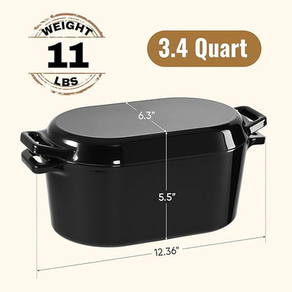 Dutch Oven for Bread Baking, 3.4 QT Bread Dutch Oven for Sourdough, Enamelled Cast Iron Bread Oven with Lids, Heavy-Duty Non Stick Sourdough Loaf Pan, Meatloaf Pan, Black