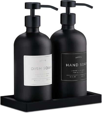 Glass Soap Dispenser Set of 2 (Black) with Silicone Tray | Hand and Dish Soap Dispenser for Kitchen and Bathroom | 16.8 Oz Glass Bottles with Stainless Steel Pump & 15 Waterproof Labels (Black)