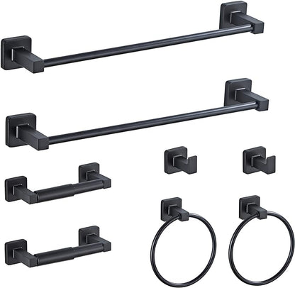Matte Black Bathroom Hardware Set 8 Pieces,Towel Bar Set Stainless Steel Wall Mounted, Includes 16In Hand Towel Bar, Towel Ring, Robe Towel Hooks,Toilet Paper Holder, Bathroom Towel Rack Set… by bluebyrne