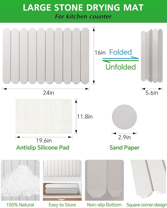 White Stone Drying Mat for Kitchen Counter, Diatomaceous Dish Drying Mat 16x24 Inch, Fast-Absorbing Quick-Dry Non-Slip Sink Tray - Image 2