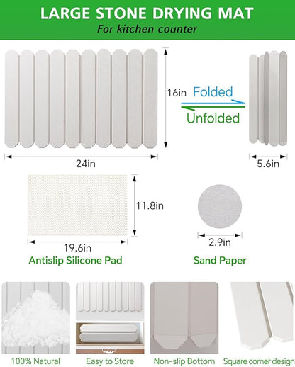 White Stone Drying Mat for Kitchen Counter, Diatomaceous Dish Drying Mat 16x24 Inch, Fast-Absorbing Quick-Dry Non-Slip Sink Tray - Image 2