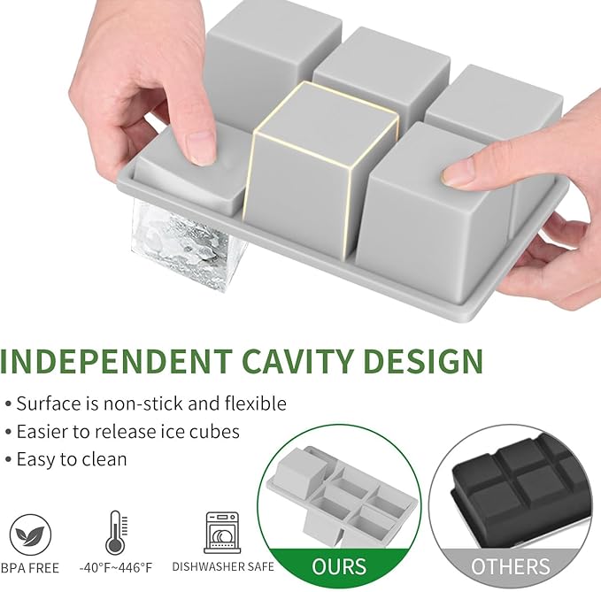 Large Ice Cube Tray for Whiskey: FDDBI Big Square Ice Cube Maker for Cocktail - 3Pack Silicone Old Fashioned Ice Cube Trays - 2inch Huge Cubed Ice Trays for Whisky - Image 4