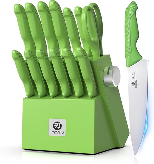 imarku® Knife Set with Block, Sharp Knife Sets with Built-in Sharpener, Japanese Stainless Steel Kitchen Knife Set with Non-Slip Ergonomic Handle, Dishwasher Safe, Best Holiday Gift, Teal Green by imarku